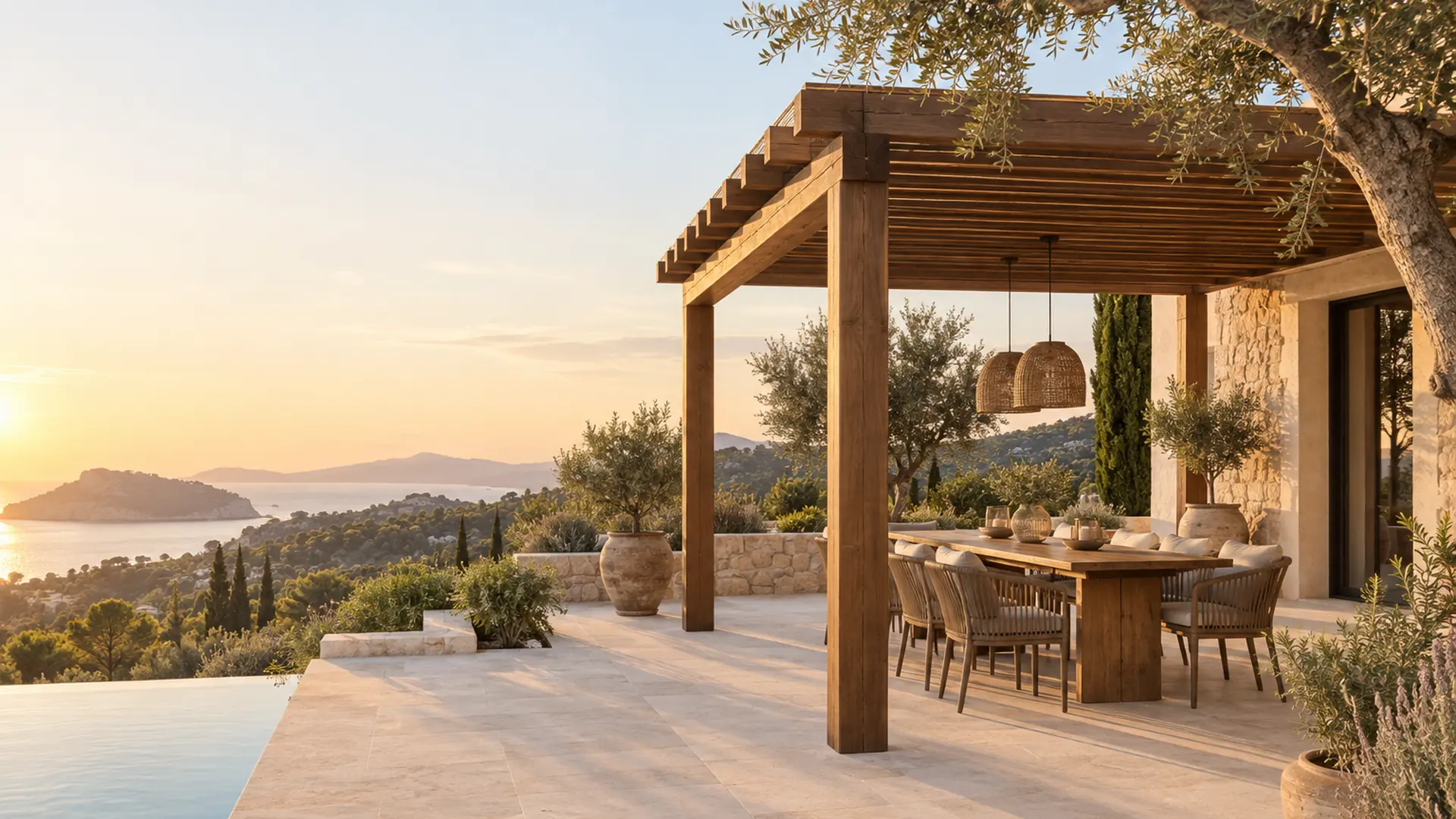 Pérgola de madera en una terraza mediterránea