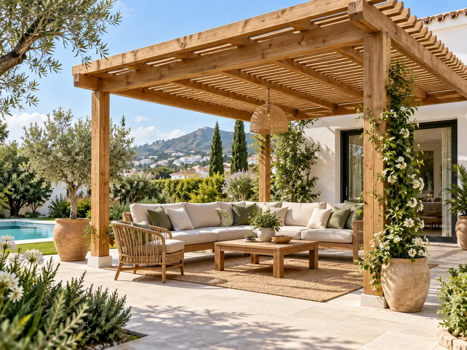 Pérgola de madera instalada en un jardín