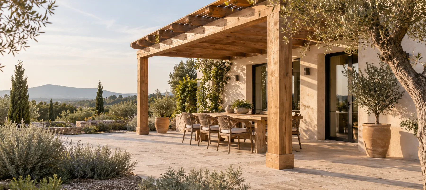 Pérgola de madera Marerum en terraza mediterránea
